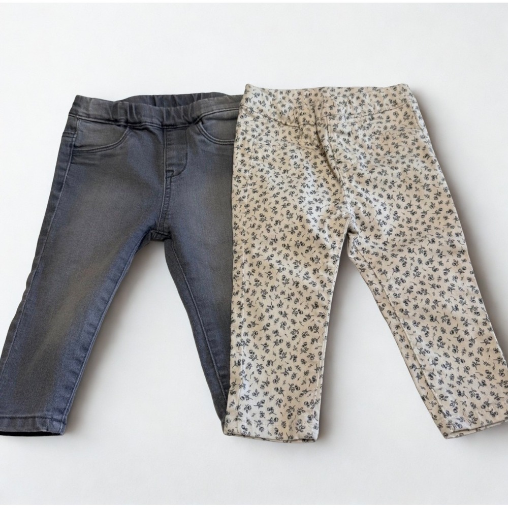 H&M Baby Girl Jeggings Set 2 Pack Grey Denim Floral Rose Print 9M Elastic Waist